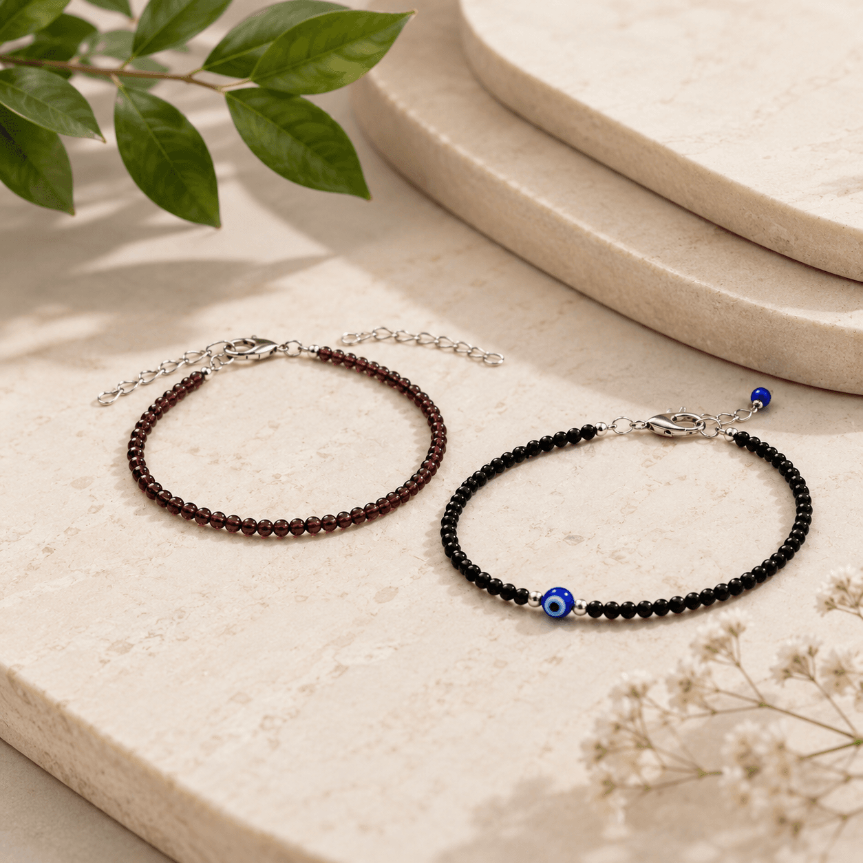 Garnet Anklet With Complimentary Black Tourmaline & Evil Eye Charm