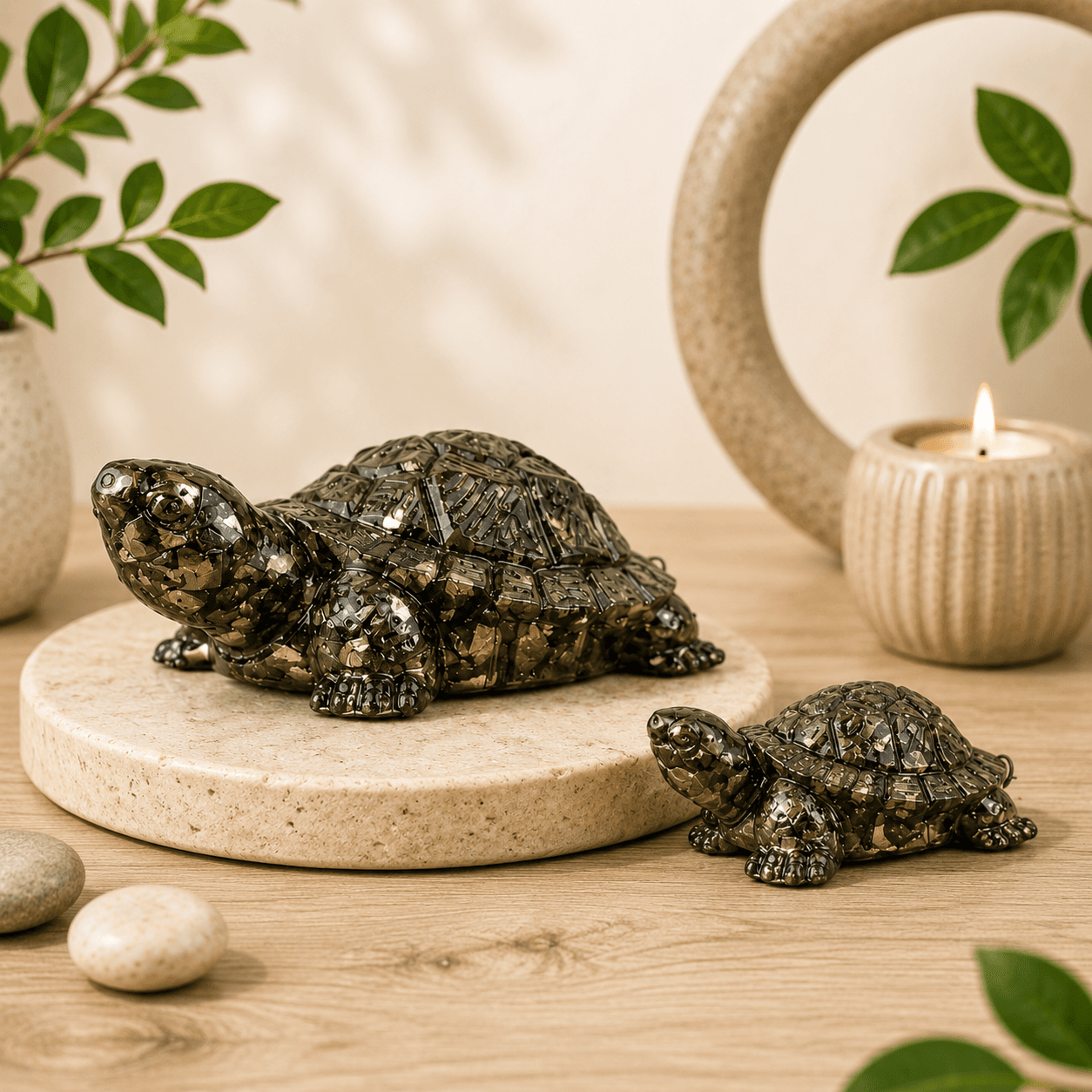 Stability-Enhancing Pyrite Tortoise Duo – Small & Big Kachhua