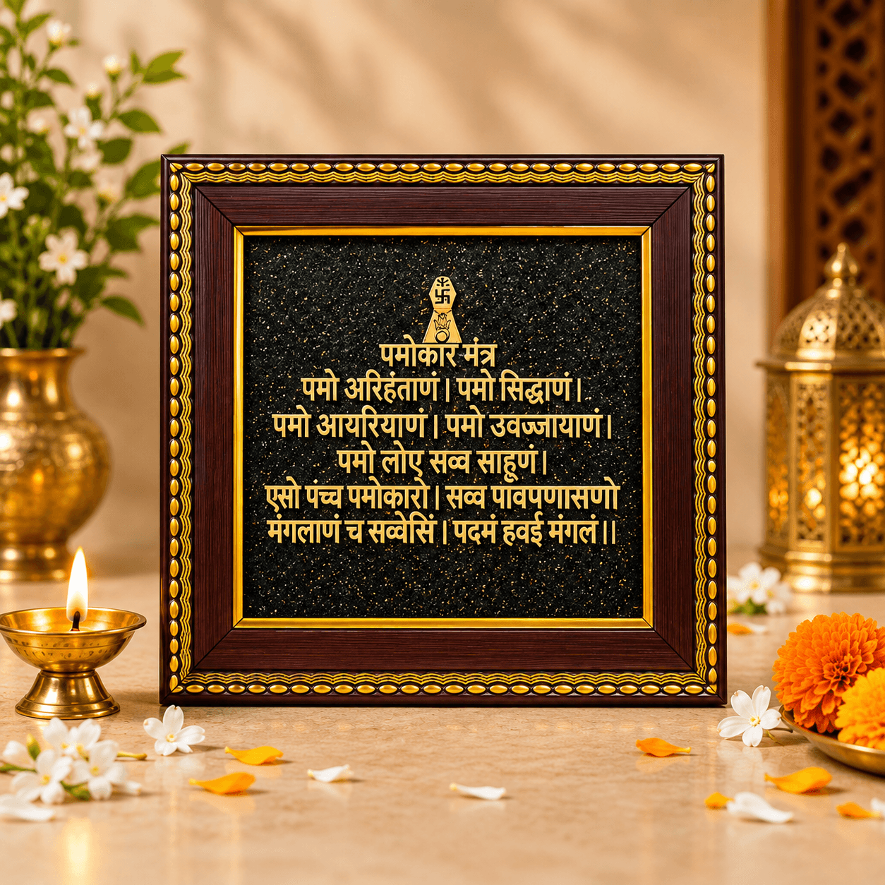 Black Tourmaline-Enhanced Jain Namokar Mantra Frame