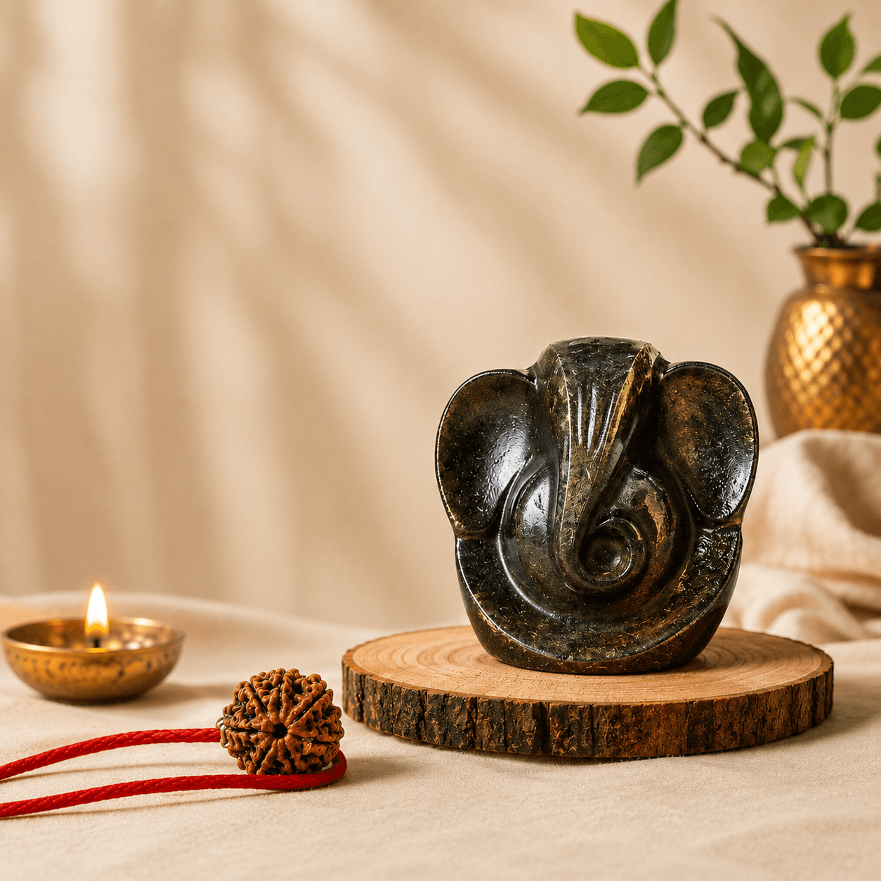 Abundance and Protection Duo - Pyrite Ganesh Murti & 7 Mukhi Rudraksha