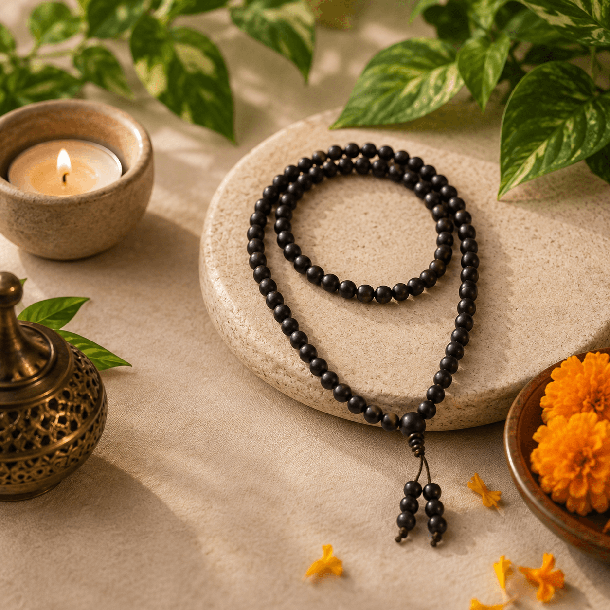 Sacred Karungali Malai - 8mm Stretch Bracelet of 108+1 Ebony Beads