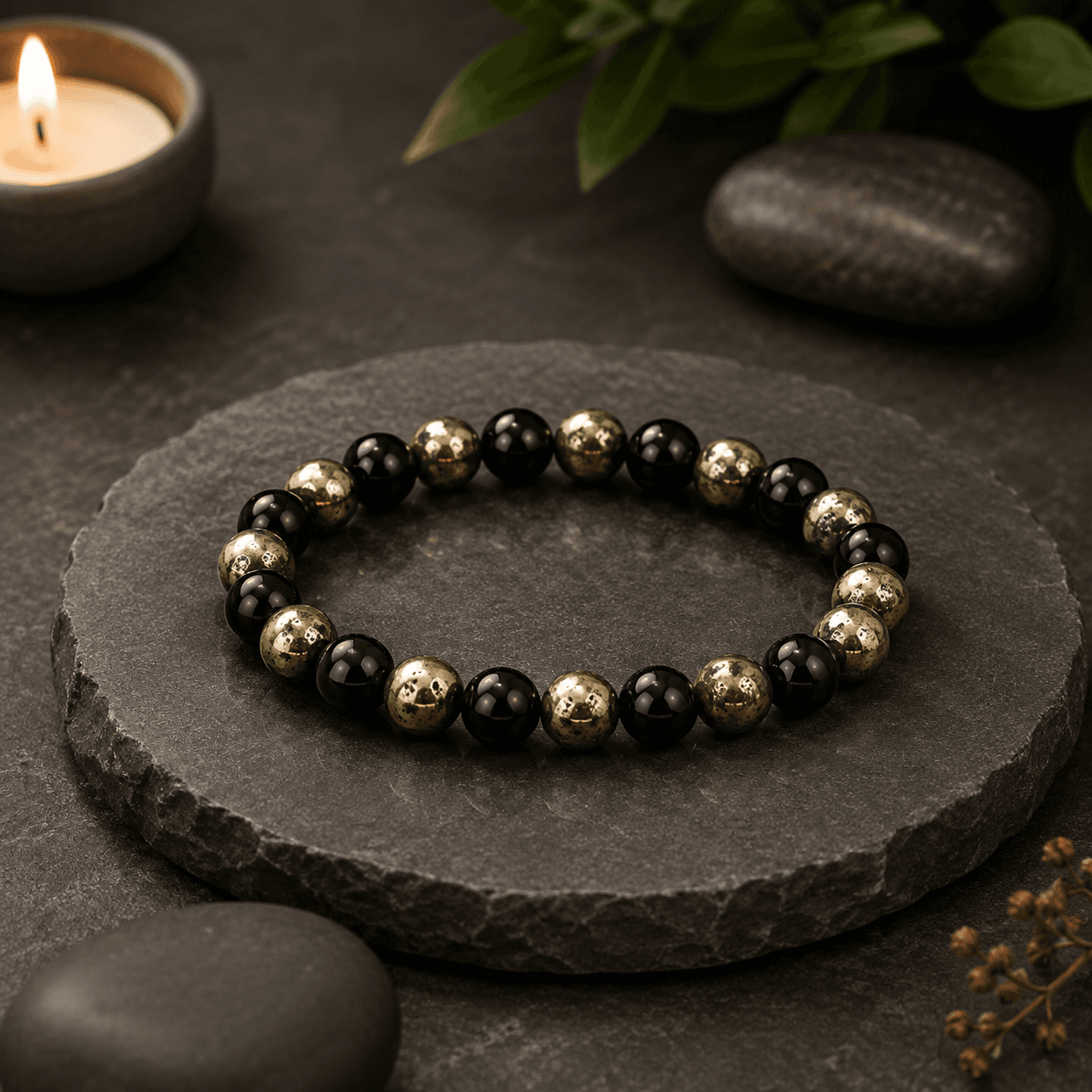 Wealth Guardian Bracelet Featuring Pyrite and Black Obsidian