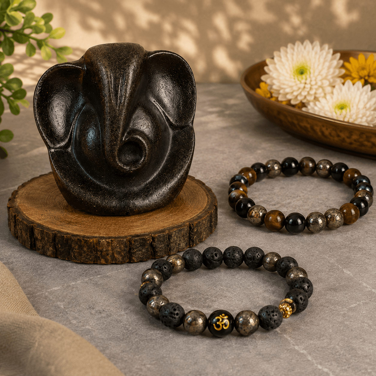 Wealth OM Pyrite Bracelet & Ganesh Ji Idol Set