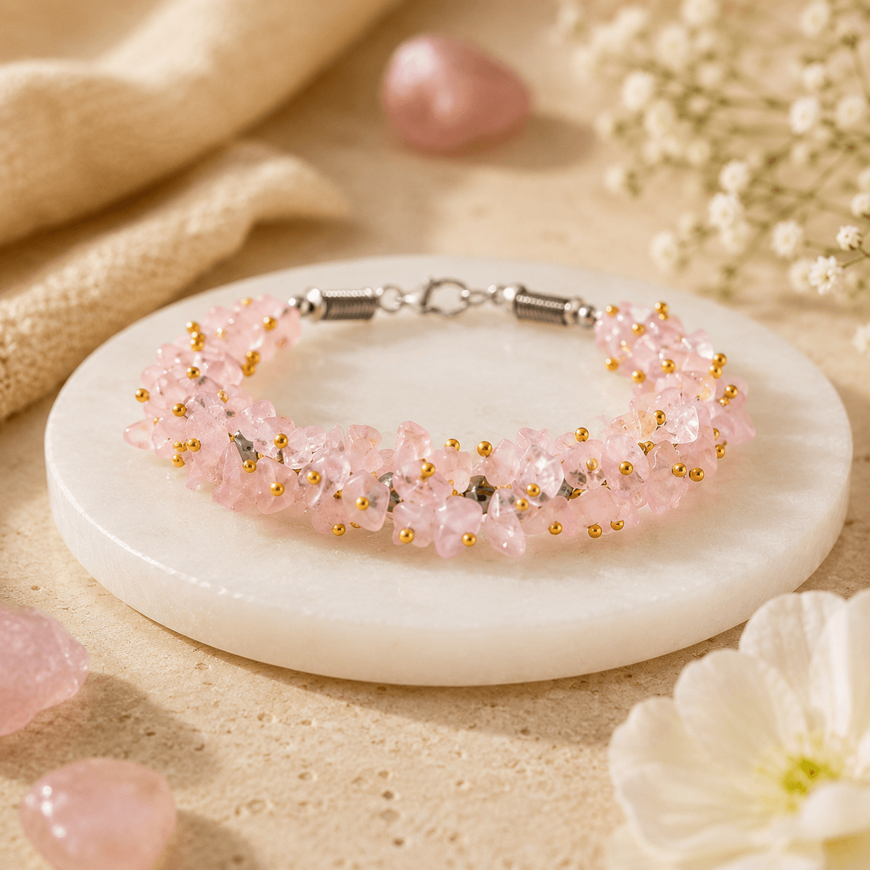 Rose Quartz Chip Bracelet with Complimentary Raw Selenite Plate