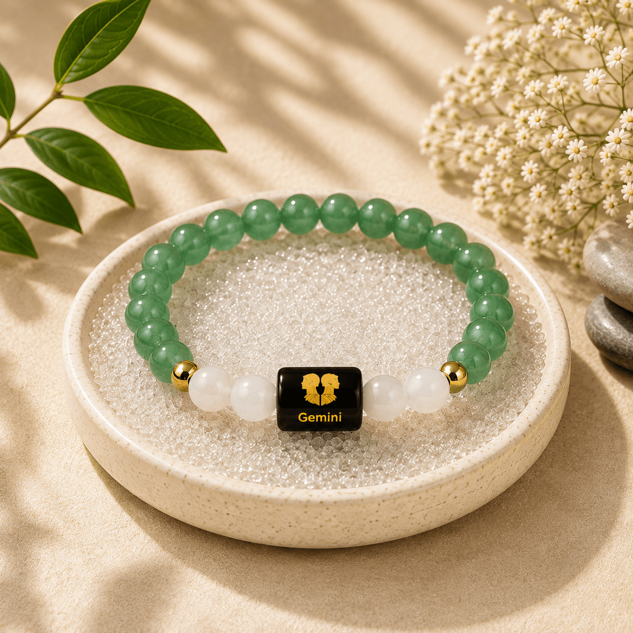 Gemini Zodiac Green Aventurine & Milky Quartz Bracelet