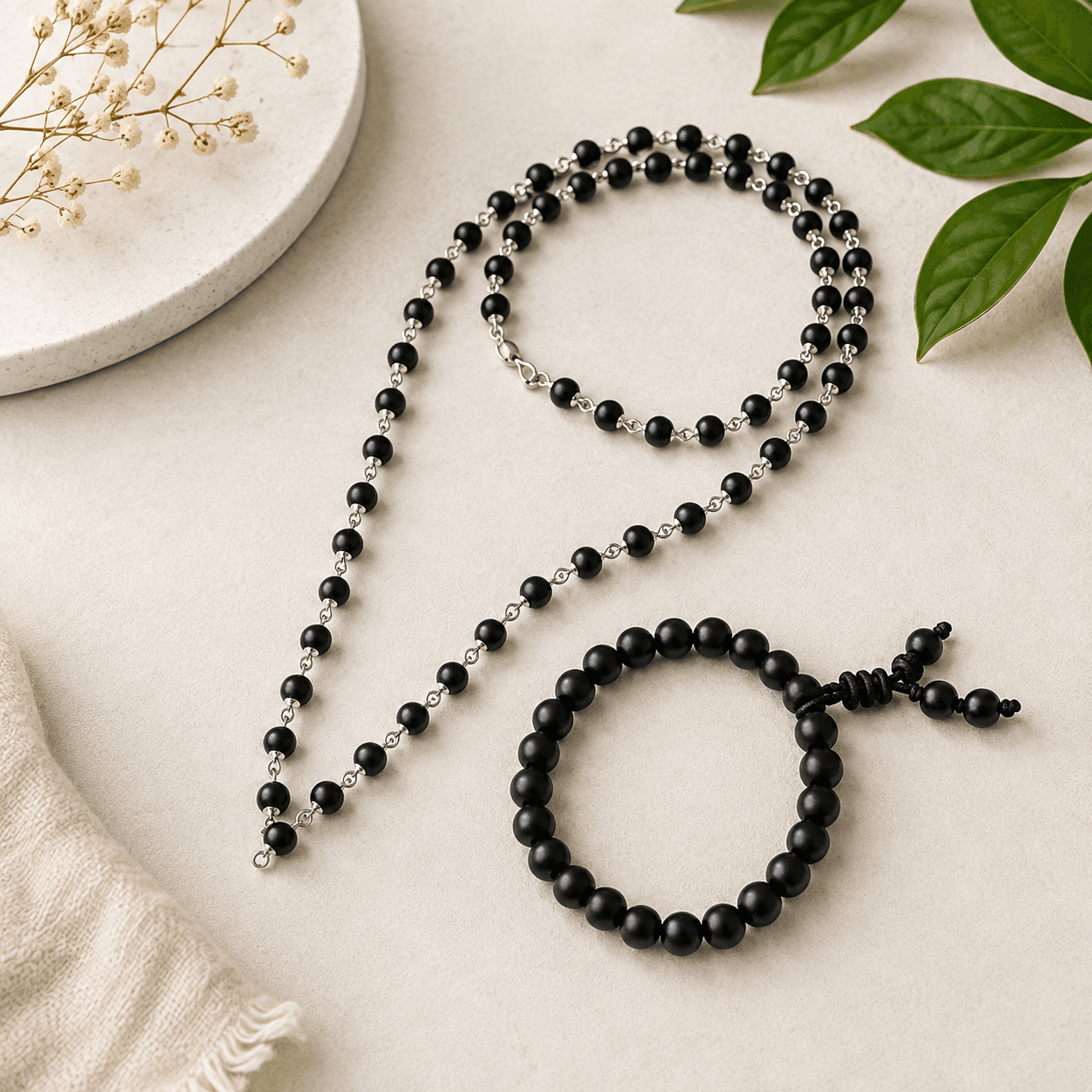 Premium Karungali Mala with Silver Caps and Free Bracelet