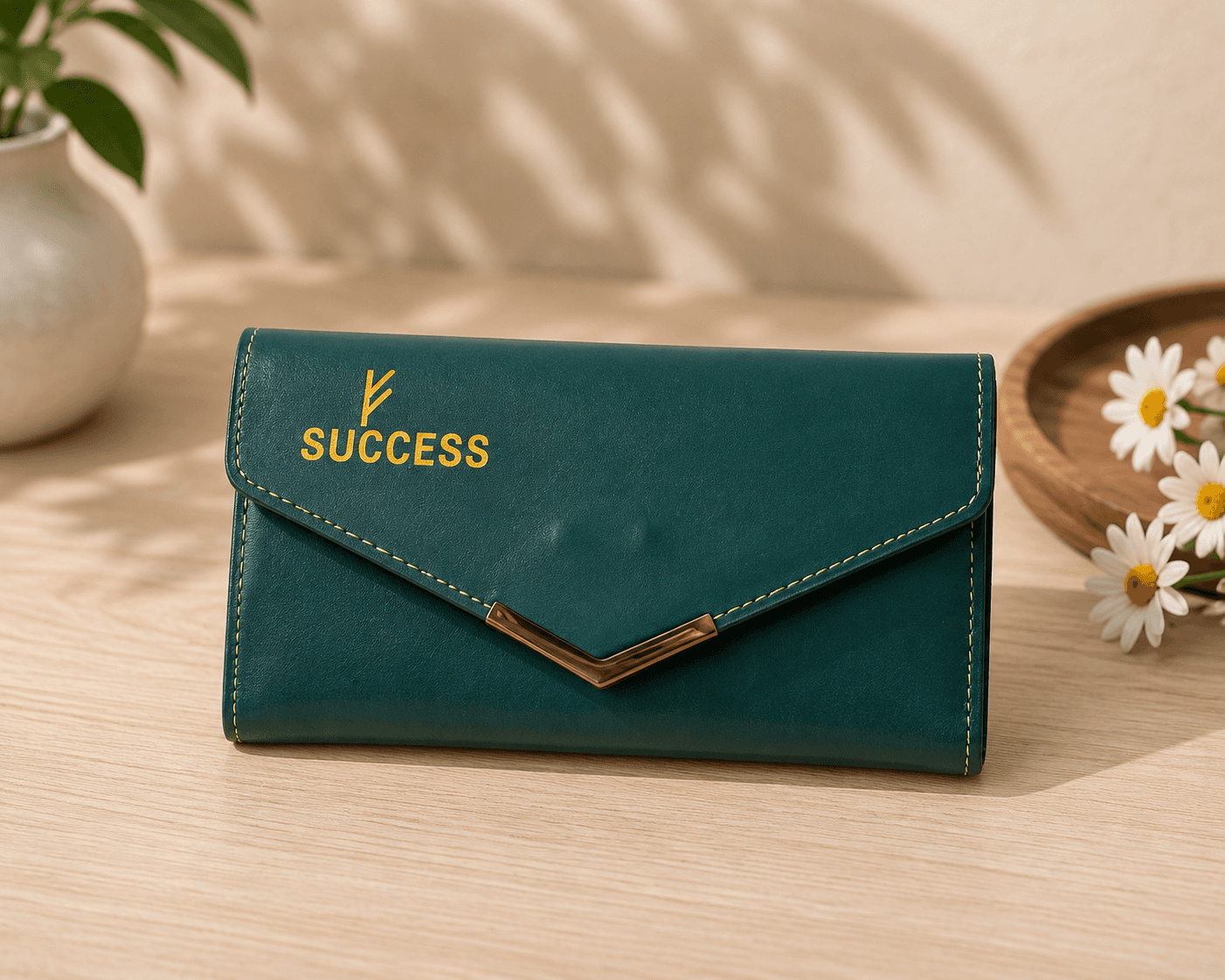 Dark Green Gold-Detail Women’s Artificial Leather Wallet