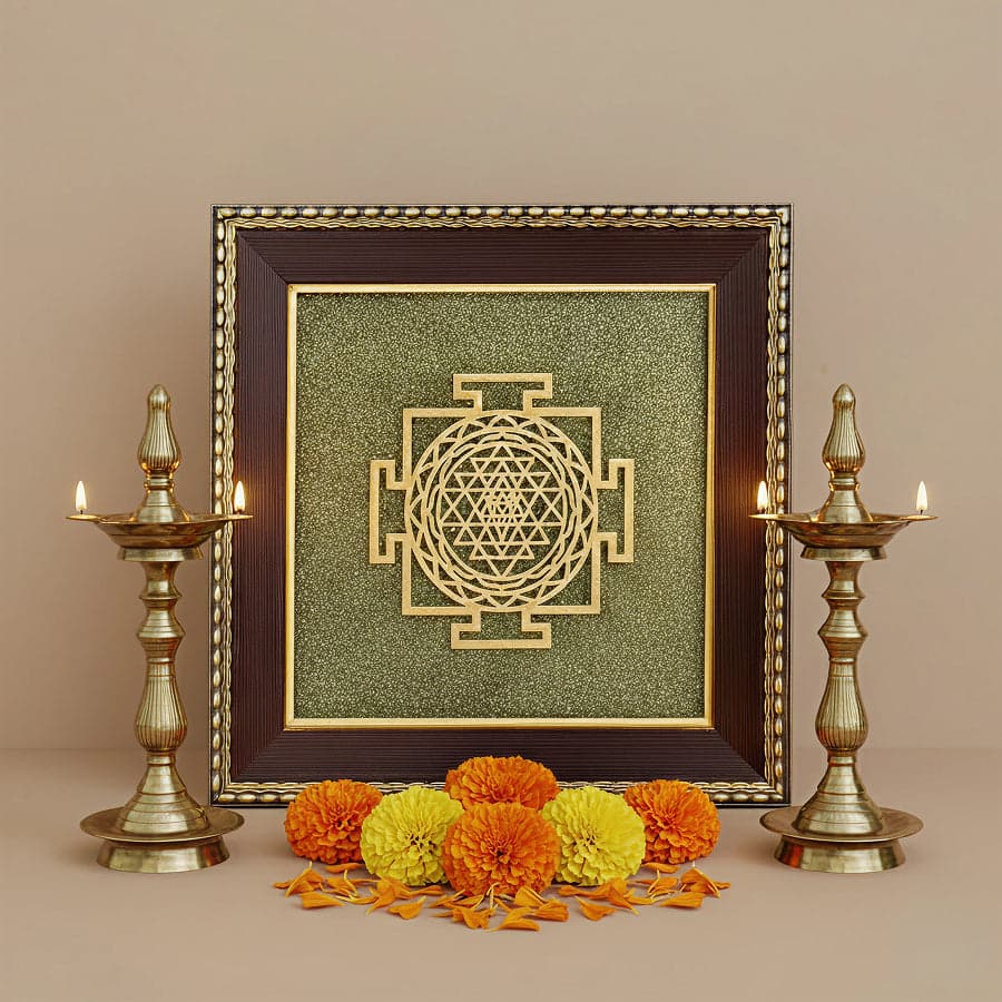 Shri Yantra on Raw Pyrite Frame