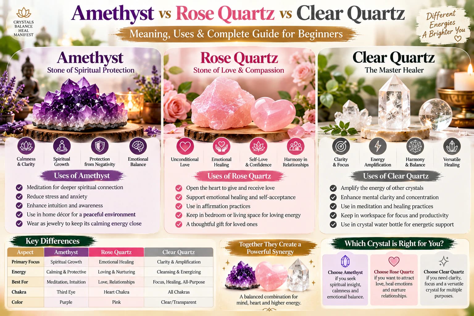 Amethyst, Rose Quartz and Clear Quartz: How Their Traditional Meanings Differ