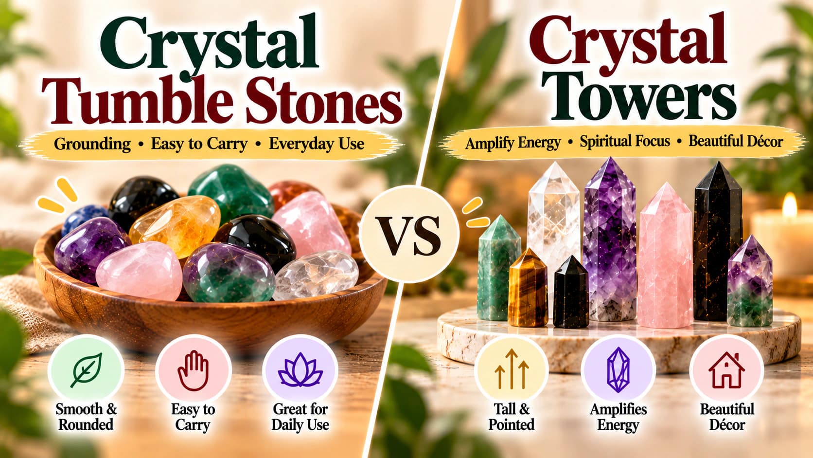 Crystal Tumble Stones vs Towers: Shape, Display & Care Compared