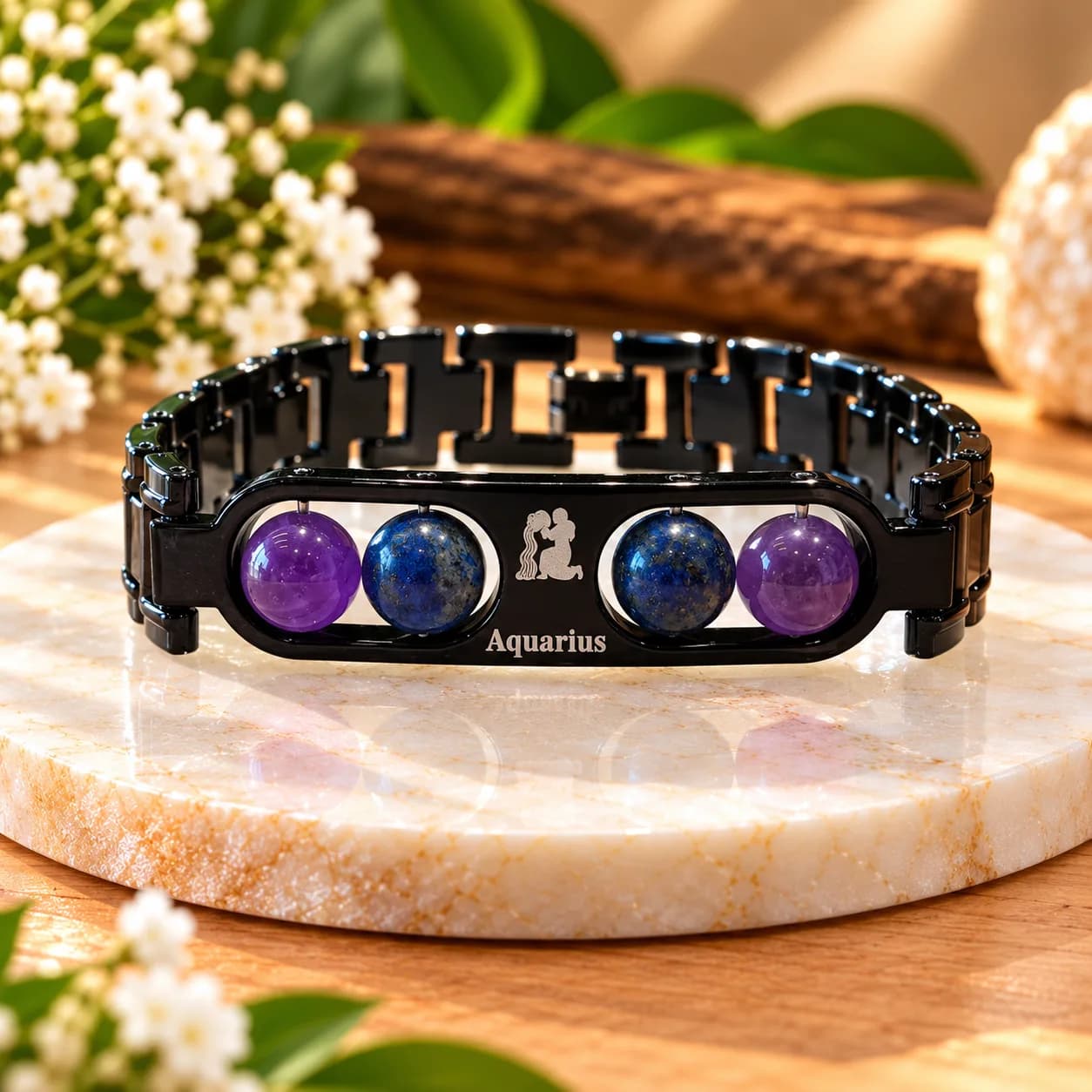 Aquarius (कुंभ राशि) Metal Zodiac Bracelet for Mental Clarity with Free Selenite Plate