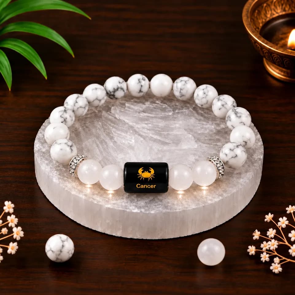 Cancer Zodiac Howlite & Milky Quartz Healing Bracelet, adjustable size