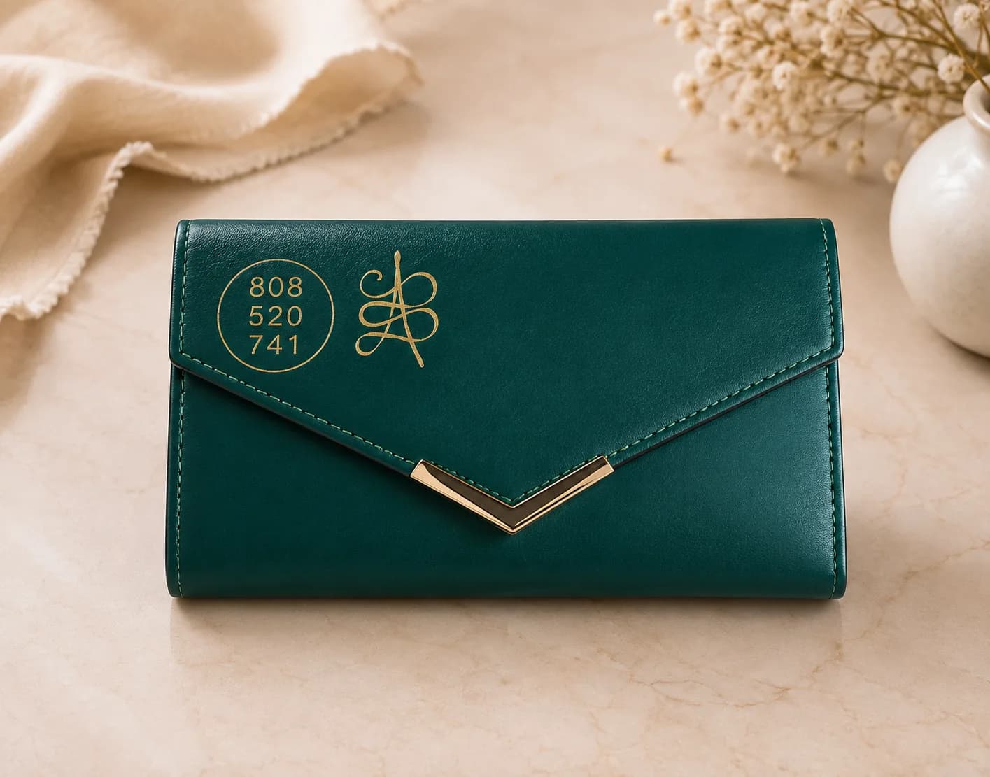 Emerald green long wallet made of premium vegan leather with prosperity-inspired design.