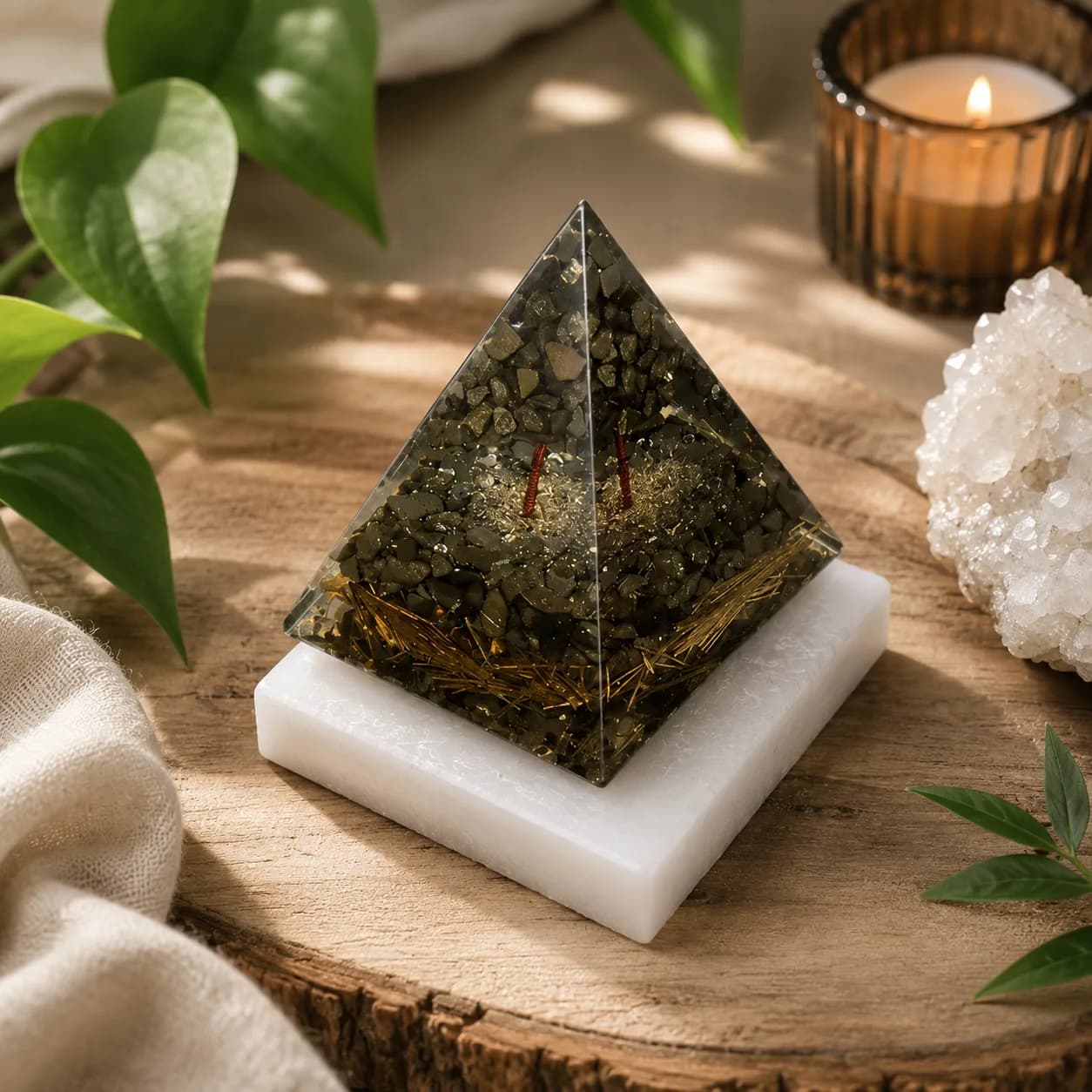 Prosperity Boosting Pyrite Pyramid, 4 inches tall, made of Pyrite and Selenite.