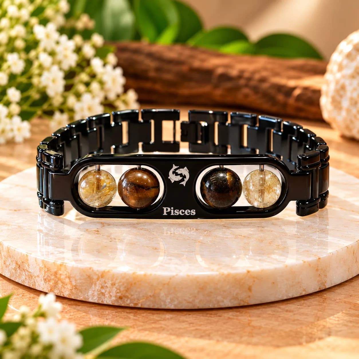 Pisces (मीन राशि) Metal Zodiac Bracelet with Raw Selenite Plate