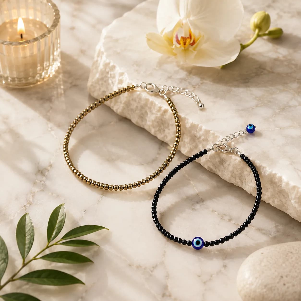 Prosperity Pyrite Anklet with Black Tourmaline and Evil Eye Charm