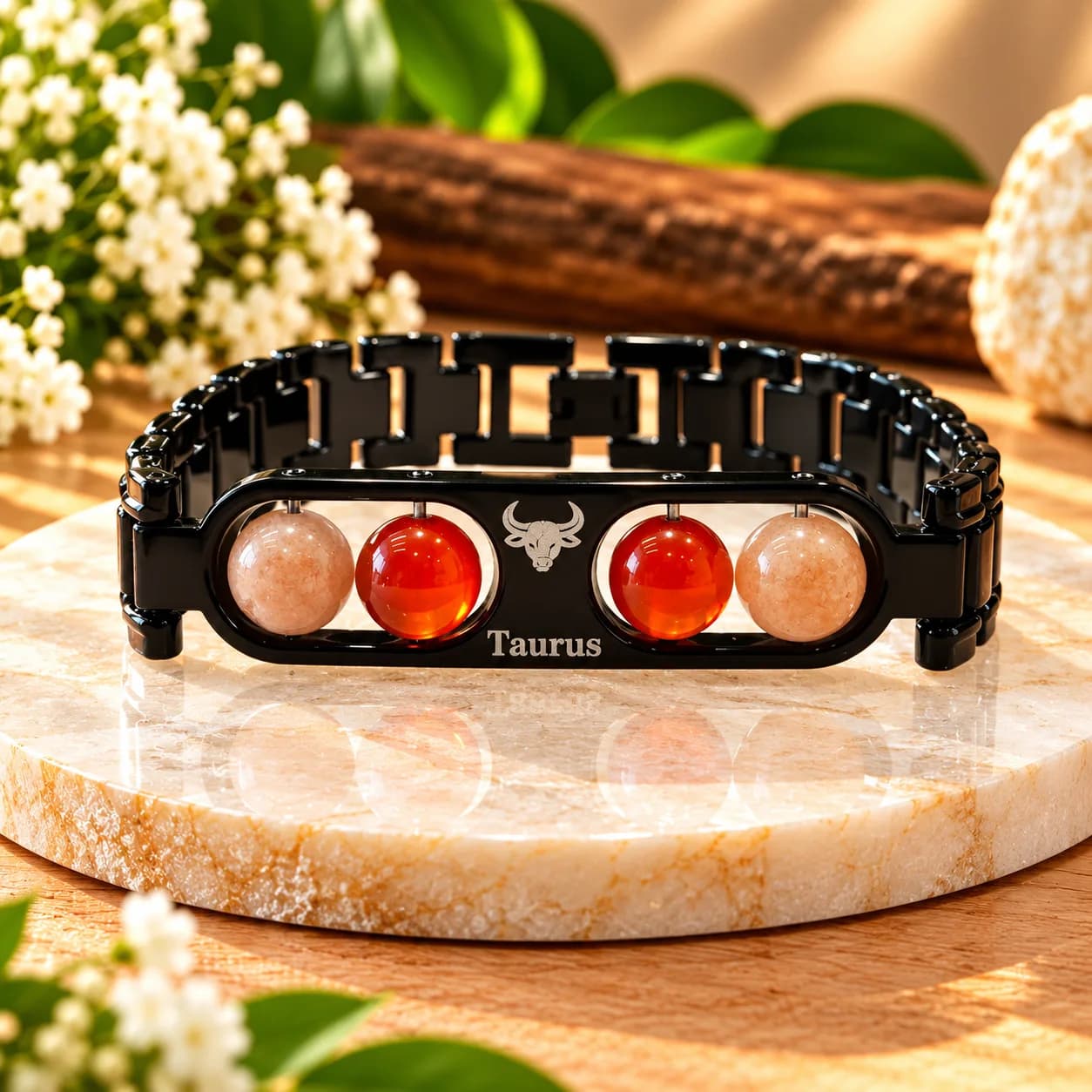 Taurus (वृषभ राशि) Metal Zodiac Bracelet with Sunstone & Carnelian with Free Selenite Plate